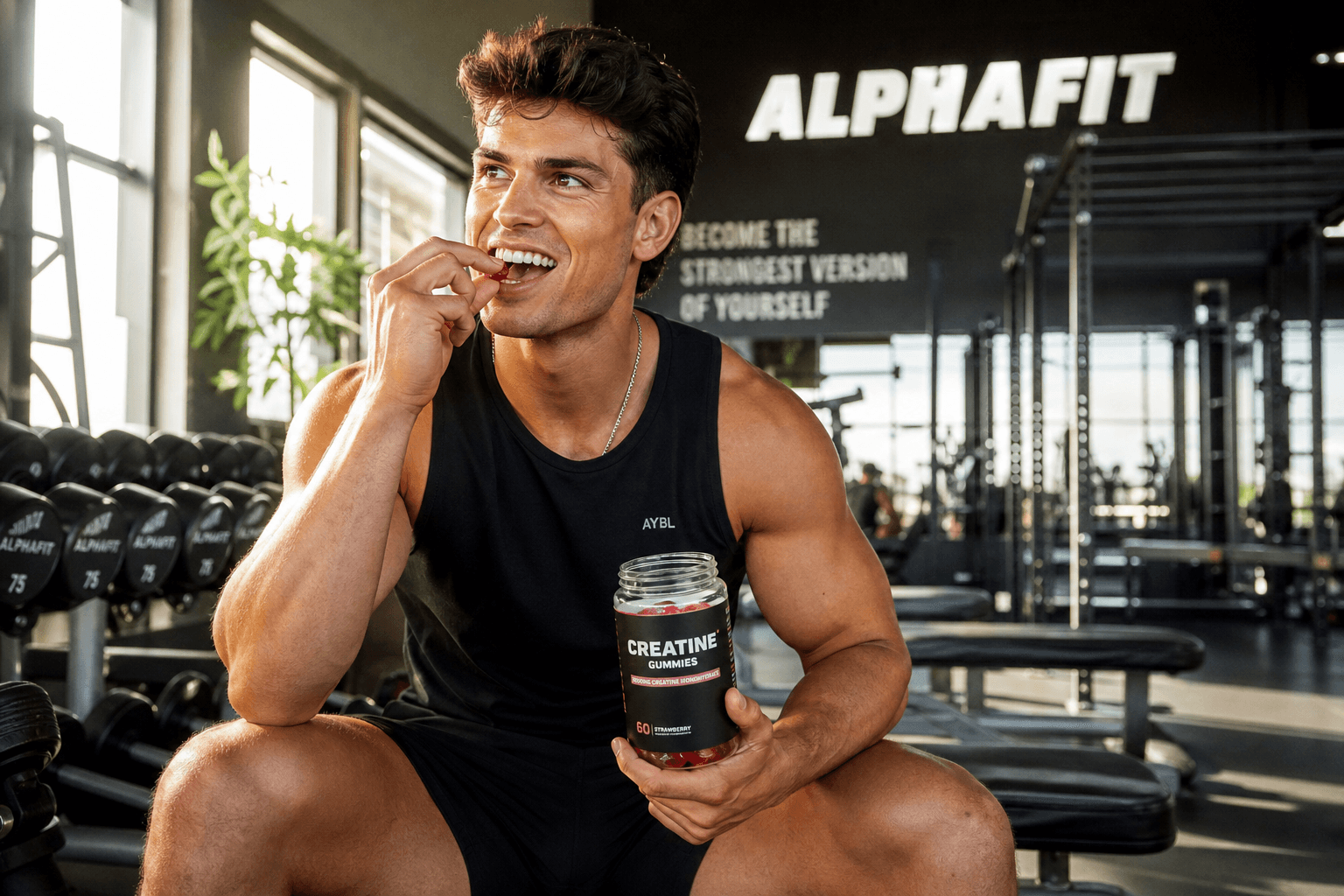 Athlete taking a premium creatine gummy in the gym